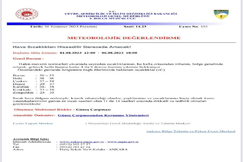 Zonguldak Valiliği, hava sıcaklığının 4-8 derece artış göstereceğini duyurarak vatandaşları