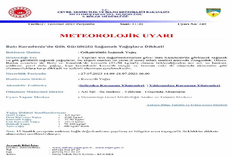 Meteoroloji Genel Müdürlüğü’nden yağış uyarısı geldi. Zonguldak Valiliğinden açıklanan verilere