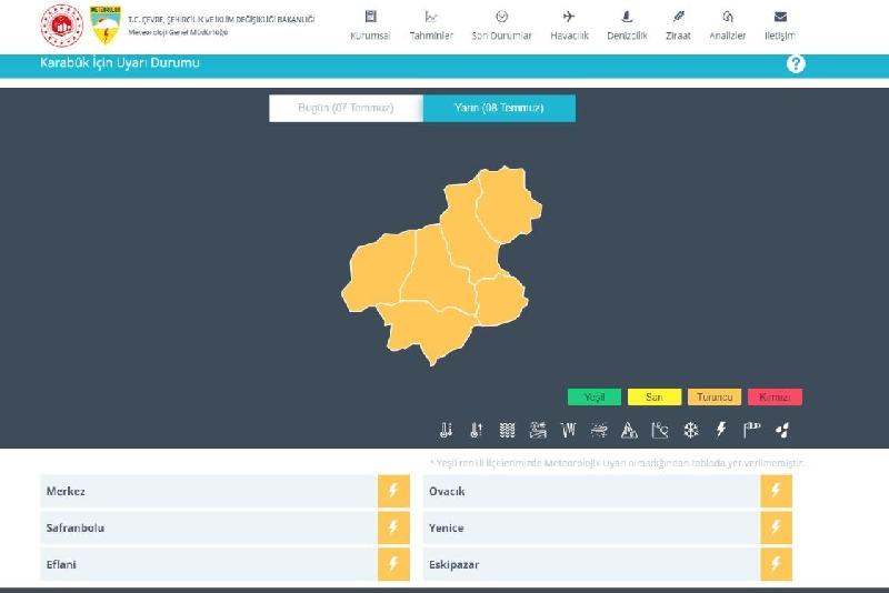 Meteoroloji Genel Müdürlüğü tarafından Batı Karadeniz bölgesinde Karabük dahil 6
