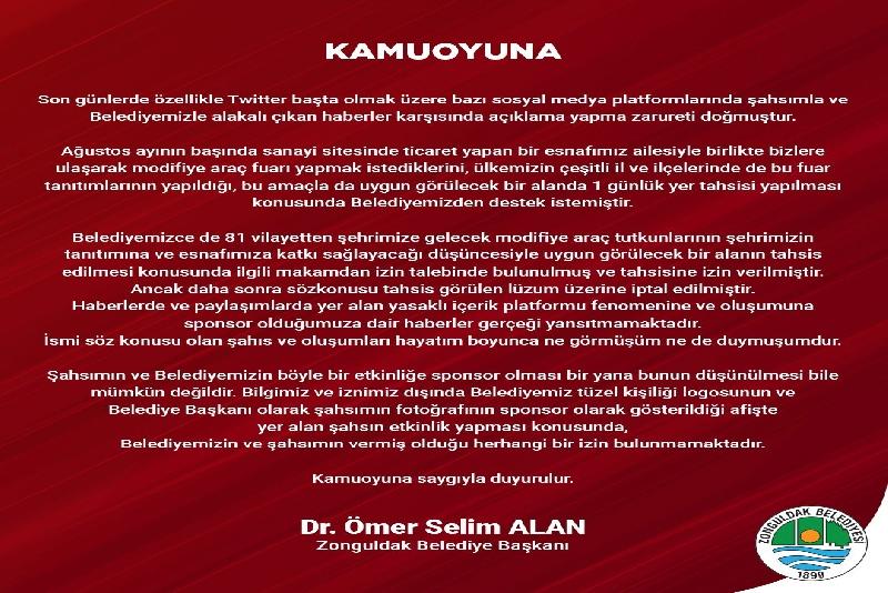 Başkan Alan’dan sponsorluk iddialarına sert tepki Zonguldak Belediye Başkanı Ömer Selim Alan, modifiye araç fuarında yasaklı