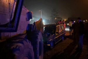 Bolu D-100 karayolunda kontrolden çıkan otomobil, önünde seyreden greydere çarptı.