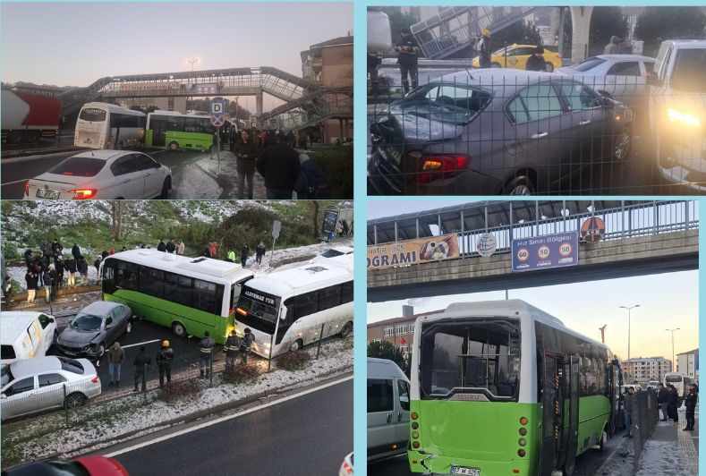 Zonguldak’ın Ereğli ilçesinde sabah saatlerinde etkili olan buzlanma, zincirleme trafik