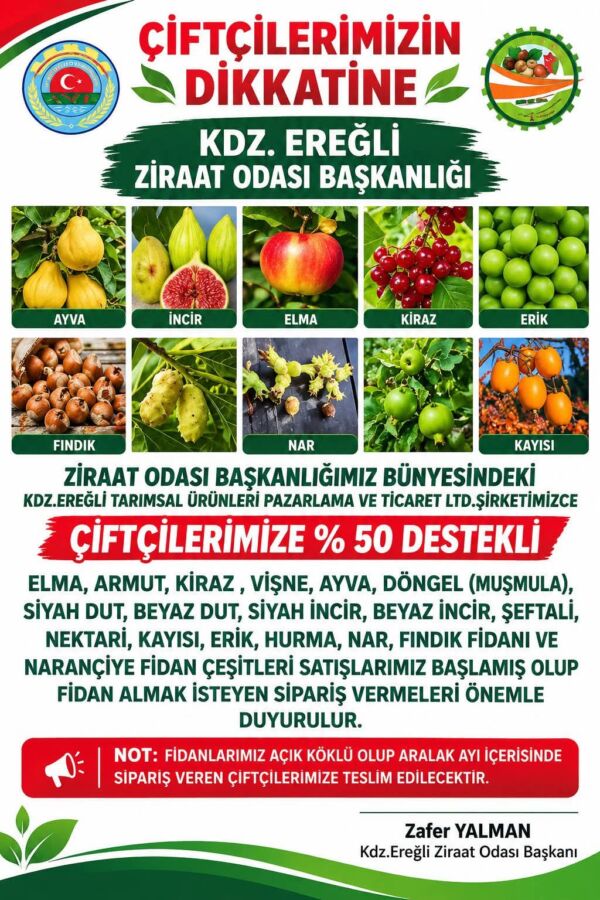 Karadeniz Ereğli Ziraat Odası Başkanlığı, bünyesindeki tarımsal şirket aracılığıyla çiftçilere